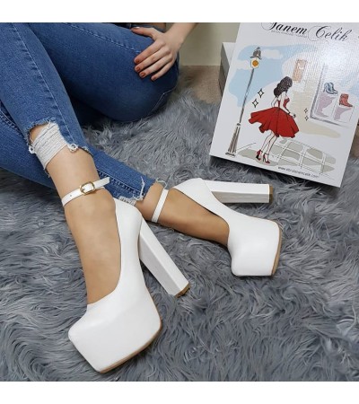 Tanemçelik Yüksek Platform Beyaz Cilt 16 cm Kalın Topuklu Bayan Abiye Ayakkabı